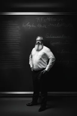 half figure shot photography of a turkish bearded chubby shirtless barechested 44 years old professor in thick glasses, big shoulders, manly chest, standing by completely writed blackboard , front view from the ground, photorealistic, ambient occlusion, side light