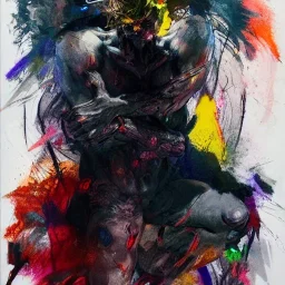 Fullbody portrait of an abstract hyperbolic demon looking at a mirror, colorful charcoal painting, by yoji shinkawa on lsd, erratic brush strokes, sense of dread and death and blood, greg rutkowski, rough