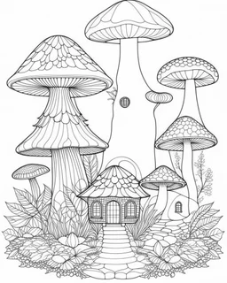 Coloring pages: A magical mushroom haven, complete with whimsical fairy houses and enchanting toadstools.