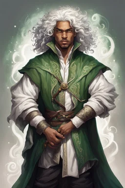 young mulatto sorcerer man with green eyes and wavy snow white hair, dressed in epic commoner clothing