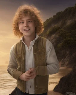 full length photograph of a beautiful 12 year old boy with long, blonde curly hair and light blue eyes, smiling, in front of a beach in sunset, highly detailed, smooth, photorealistic, digital art, HDR