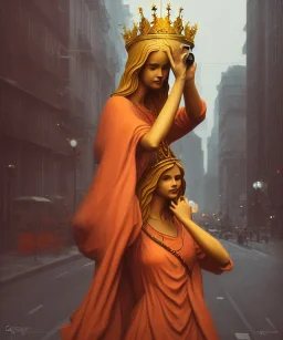 Statue of Queen of photography holding camera in hands. Cute blonde woman. Photographer in golden crown. Standing on the street. Big camera in her hand. hyperdetailed, photorealistic, trending on artstation, greg rutkowski, beksinski, kodachrome, volumetric lighting, gold and orange