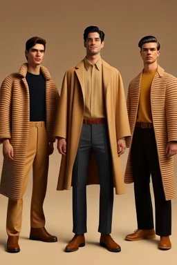 three men in different Balenciaga Superman's emblem clothing, beige tones, trenchcoats, fashion plates, modern designa, deconstructed tailoring, rendered in cinema4d –q 2 –ar 3:5