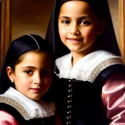 portrait of sisters Eira Santiago Arnau 10 year old and Dalia Santiago Arnau 6 year old by Velazquez,smiling, oil on canvas, cinematic composition, extreme detail,8k,fit full head inside picture,