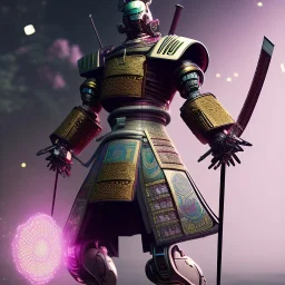 A portrait of a crystalised robot samurai with yakuza tatu, atmospheric, realistic, unreal engine cosmic galactic, cinematic lighting, octane render, random colors, transparent, cosmic ambiance, masterpiece, art by Yoji Shinkawa, composing fit inside