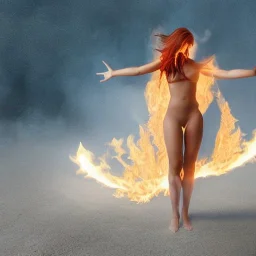 woman made of fire, fire angel, full body portrait, long flowing hair, only wearing bikini made of fire, highly detailed, real life photo, photo quality, extremely detailed, high quality, standing in fire, highly detailed, lots of fire around, fire background