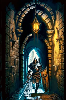 A frightening castle dungeon hallway with an knight warrior in rusty chainmail holding a zweihander painterly rpg art