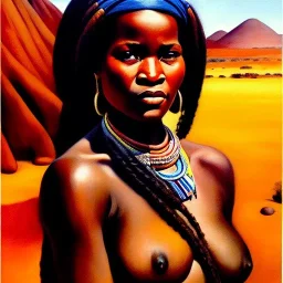 Drawing of 'woman from Himba tribe',sweet stare,painting by Earl Norem, simon Bisley,frazetta,西嘛哒, evan lee, Vallejo,kelly,Paul Gauguin oil on canvas, cinematic composition, extreme detail,fit full head inside picture,8k