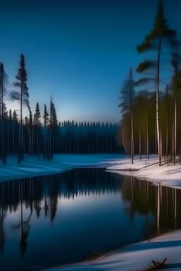 Bosque de pinos, en el invierno cubierto por nieve bajo la luna brillante y un lago congelado