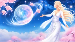 Create an image of a full body cosmic goddess. the goddess should be depicted as a beautiful and powerful figure, surrounded by cosmic stars. her hair should be long, blond and flowing, and she should be dressed in a flowing gown blue celestial robe. in the background, include imagery of pink flowers, blue sky, trees. the image should evoke a sense of joy, celebration, and spiritual connection to nature.