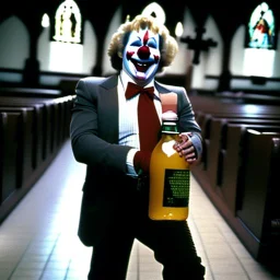 Randy West, A clown that is looking Like the famous actor Randy West holding a bottle inside a church, Randy West is an actor from the 1980