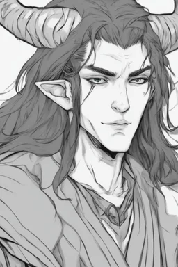 A dnd character portrait, a tiefling man with long hair and two black horns, white eyes and pale skin. Handsome. Young.