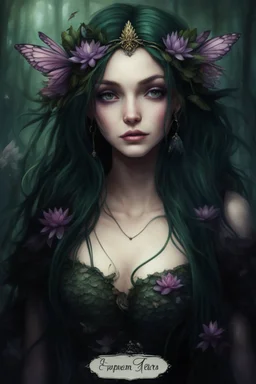 Dark green hair Water lilies long hair lotus night Fairy princess rapunzel hair queen crown dragonflies fireflies elven tiara flowers fairy wings gothic purple