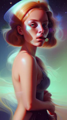 painting of a woman smoking a cigarette, her eyes are halfmoons, her hair is an interstellar nebula,