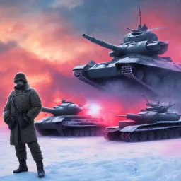 Soldat zombie salue son officer dans la neige. Un Tank russe avec un z écrit dessus est en fond. Armée russe. Place rouge Moscou. 4k. Close up. Couleurs très vive. Ciel rouge