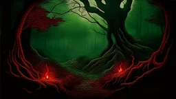 a crepy horror forest with shadows of the tall trees, tangled vegetation, twisting terrifying tendrils on earth and on trees, , autumn, moss, lot of firefly and mystic flame, fog, pale light, a grey rock with red blood, , masterpiece, dark fantasy concept art, intricately detailed, Splash screen art, trending on Artstation, deep colors, dark mystic vibe Professional photography, bokeh, natural lighting, canon lens, shot on dslr 64 megapixels sharp focus