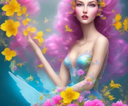 beautiful bright happy fairy portrait with long hair, thin face, two hands, two transparent wings in her back in a pink,blue, yellow flowers background,