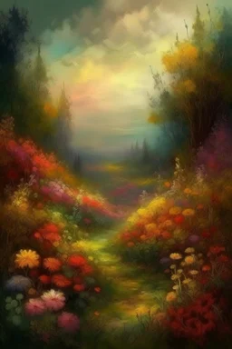 MAGIC fantasy, medieval painting, gloomy landscape surrounded by forests, dense thickets of flowers with brushes, impressionism style