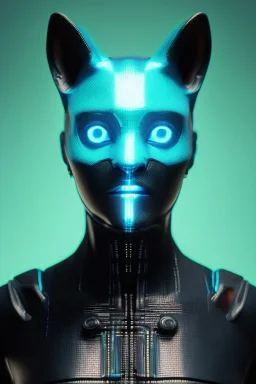 Medium Close Up Portrait, Front image. cyberpunk, rabbit mask, Italian woman, cyan short hair. latex, carbon suit. Cyan, black, blue, color. Akira style. Color background, photo studio. Neon, Led lights, Avatar image, highly detailed, concept art, smooth, unreal engine 5, god rays, ray tracing, RTX, lumen lighting, ultra detail, volumetric lighting, 3d, finely drawn, high definition, high resolution.