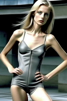 beautiful woman, anorexic, grey onepiece swimsuit, photorealistic, blond hair to chin, style: helmut newton