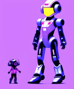 little girl sitting inside a big robot suit, white and purple