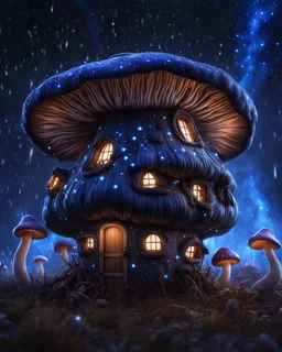 An illogically floating mushroom house on a clear night. white blue black, Stars Dark cosmic interstellar. Detailed Matte Painting, deep color, fantastical, intricate detail, splash screen, hyperdetailed, insane depth, concept art, 8k resolution, trending on Artstation, Unreal Engine 5, color depth, backlit, splash art, dramatic, High Quality Whimsical Fun Imaginative Bubbly, perfect composition