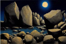 Rocks, night, 2000's sci-fi movies influence, otto pippel impressionism painting