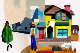 whimsical arafed nonsense, patchwork vibe, acrylic and ink painting of a cozy village main street on undulating hills with color (((minimal))) sketches of village people with (((extremely long limbs))), (((oversize head))), sharp color contrasts, amazing shadows, (((exaggerated limbs and head))), minimal cozy, warm palette, bright bold warm summer colors, color leak, sparse bright orange-red splinters, heavily distorted views, amazing parallels, amazing reflections
