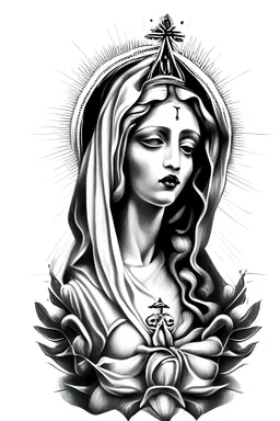 white and black illustration of madonne sacred detailed in a tattoo style in white background