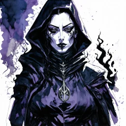 dnd, fantasy, watercolour, portrait, illustration, female, face, cultist, dark, ruthless, merciless, femme fatale