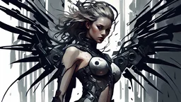 biomechanical women, beautiful, cyberpunk, dusty blonde, short square, large biomechanical black wings, sword, cybernetic, dynamic pose, rain, wind, ashes, flashes of fiery threads, sketch art, fine lines, grunge, sensual, darkness, dark colors, by Raymond Swanland & Alyssa Monks & Anna Razumovskaya