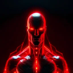 personaje futurista transformandose en humano con luces rojas