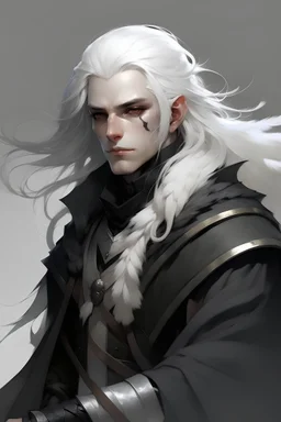 white hair, pale eyes, black feather coat, 1 rapier, scars, middle age, white hair, long hair, shaved, d&d