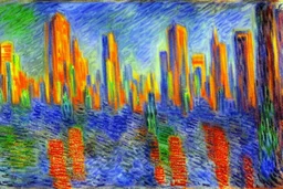 Cyberpunk City near the trees, claude monet influence, sci-fi, impressionism painting