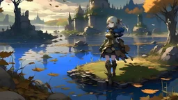 Anime girl in destroyed combat armor in fall floating lands and river from aether