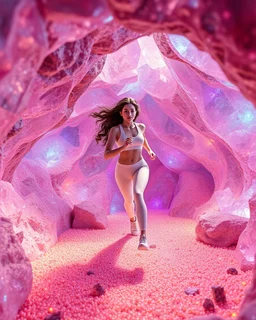 make a video pretty crystal cave covered with jewells and CIFI jewell lights and 3d recursive cubic and sphere base pearls and jwells a beautiful fashion model lady with cute,curvy hair,makeup, in pretty sports suit is running inside cave ,dynamic camera fallow her inside cave capturing full body, dynamic lights.