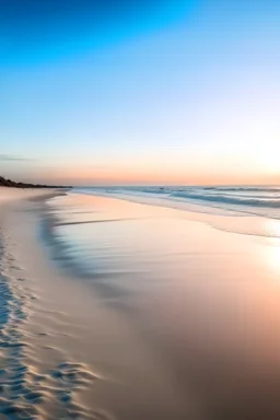 A super high-resolution 2 terapixel photograph of Lido Beach at sunrise in January. The scene features the soft, pastel hues of dawn reflecting off the calm Gulf waters, with the pristine sandy beach awaiting the day's first visitors. The tranquil shore, accented by scattered seashells and gentle waves, offers a moment of peace. Shot with a Canon EOS R5 and a 50mm f/1.2 lens, capturing the quiet, pristine beauty of the beach in winter.