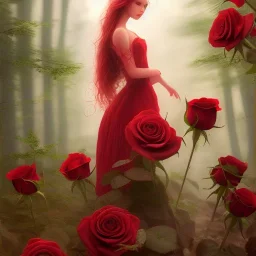 red roses beautiful girl,utra realistic,highly detailed, masterpiece, delicate detailed, sharp focus, insanely detailed, fantasy art, royalistic,elegant, fog, Special Lighting, Vibrant, color Scheme, forest, unreal engine, trending on artstation, ultra photoreal,high chaos --s 700