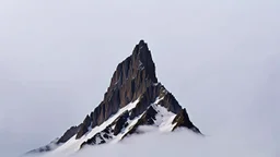 looking up at a single sharp narrow mountain, the peak obscured by clouds and fog.