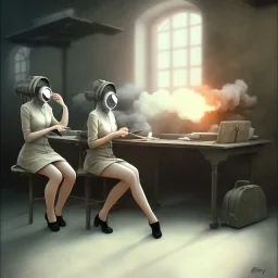 cute girls sitting at the computer in military gas masks. one of the girls is sticking out of the canale grande