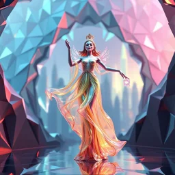 very complex structure ,pretty viberating color environment 3d metalic and crystal recursive animating beveled geometric base very complex structure future world evolving background and goddess lady in pretty cleric dress comes out dancing gracefully , viberating color moving very in modern city escap environment while camera tracking it.