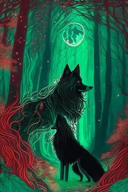 In the heart of a dense and enigmatic forest with towering ancient trees cloaked in emerald foliage stood a bewitching witch possessing an ethereal allure her lustrous hair cascading in ebony waves down to her slender waist In her captivating presence a faithful companion a majestic canine of Belgian shepherd lineage roamed at her side its eyes illuminated by an otherworldly crimson glow exuding an aura both mysterious and demonic