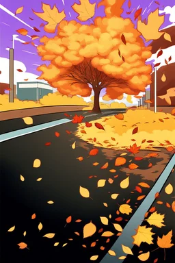 top right corner is a nuclear explosion cloud, top of explosion looks like a autumn tree full of leaves, add leaves falling everywhere in foreground, bottom 2/3 is a road through a road, a wind is blowing away from the tree. a commercial building is on the middle left