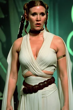 [Leia , Star Wars, Carrie Fisher] Leia, in princess Leia's slave costume of the Return of the Jedi, close to Jabba the Hutt.