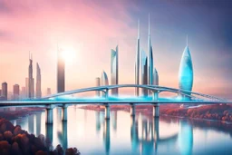 Dreamlike Skyline of Downtown futuristic hightech city in 4050 and a stunning futuristic Bridge During Sunlight with dark grey clouds in sky, over the azur-silver color river, cold colors, come storm, high detalied, sci-fi, landscape