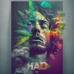 Create a composite that captures the initial allure and impact of trying hash or weed, emphasizing the emotions and sensations you felt poster colour composite