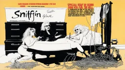 SNIFFIN’ GLUE magazine high res photo cover by Ralph Steadman: special 'heavy chains and diapers from hell for her' issue; guest star: blonde lady on the changing table with her mother