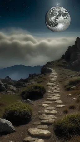 narrow stone path above the ground gradually getting higher into the clouds no railings, dangerous drop people in black leathers medievil period weather is wet spiraling into the clouds fantasy, a valley in mountains with a moon showing in the background human skuo on the sides of the trail