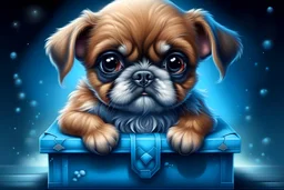 A Stunning kawaii cute fluffy boxer puppy sitting in blue gift box, in the style of Puffy Gator, Beautiful Big Eyes, Apofiss, Ailah, Kikariz, 8K, HD, Fairy, Hyper Detailed, Cinematic Atmosphere, intricate details, Digital Painting, Realistic