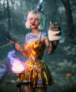 Ultra realistic wonderland photo, happy blonde woman smoking a shisha, blue dress, purple cat friend, circus dress style, old school tattoo, smoke, marijuana garden, glow eyes, perfect iris, soft color, highly detailed, unreal engine 5, cinematic, ultra detail, volumetric lighting, high definition.